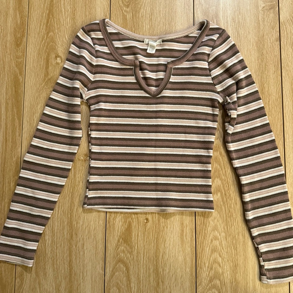 Full Tilt Long Sleeve Striped Top - Brown and Cream